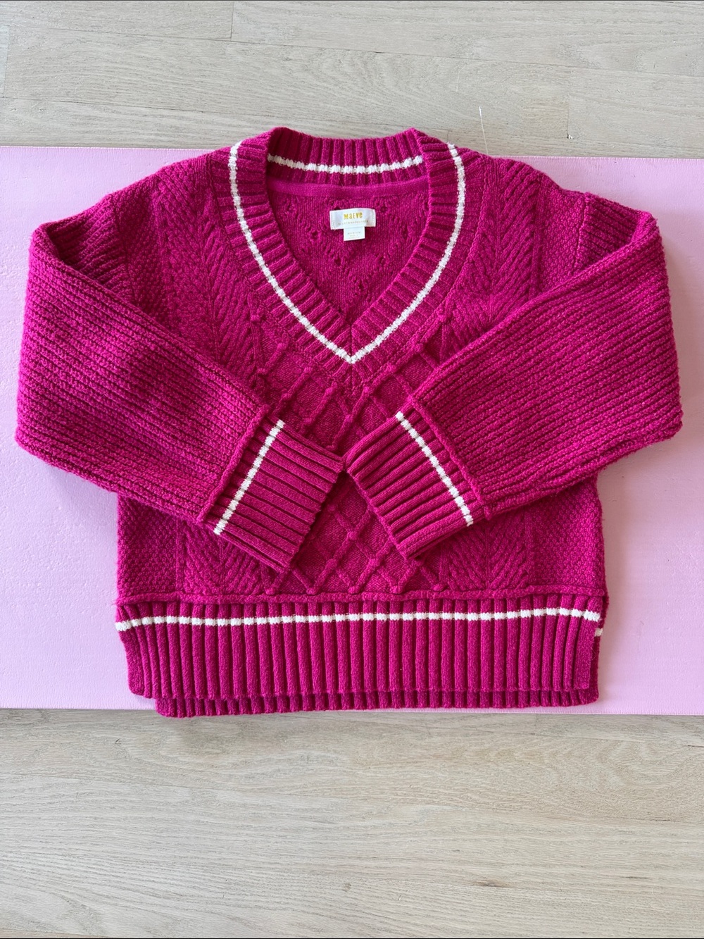 Maeve Anthology Fuchsia V-Neck Cable Sweater with White Trim